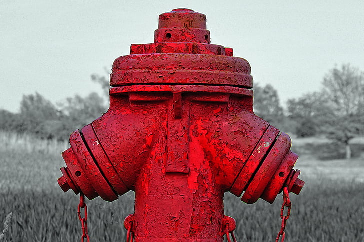 hydrant, black and white, color, red, hdr image