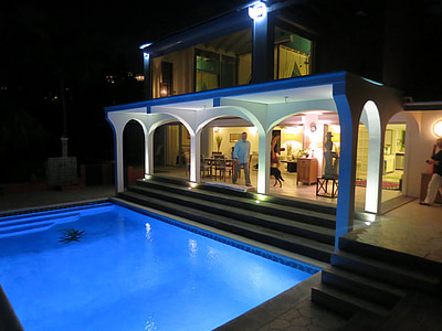 Zwembad, nacht, huis, Villa, Caraïben