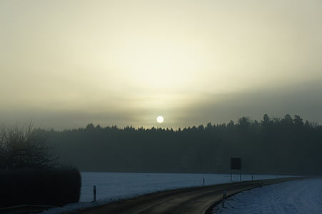 matin, Dim, soleil du matin, gris, brouillard, hiver, ambiance d’hiver