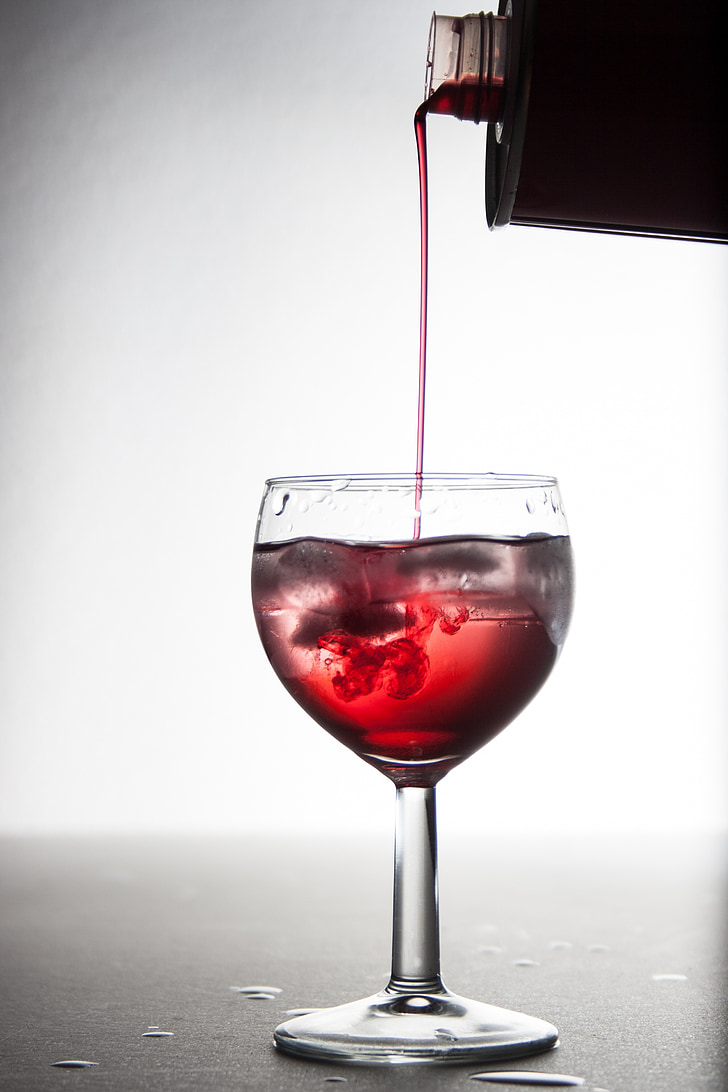 syrup, glass, wine glass, soft, ice cubes, drinking, red