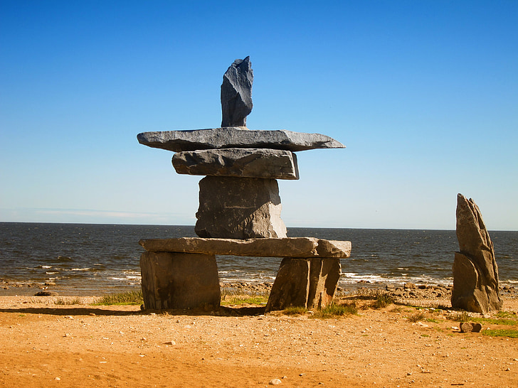hudson bay, canada, rocks, stacked sculpture, sky, clouds, sea