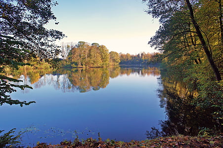 озеро, Осень, Природа, Зеркальное отображение, деревья