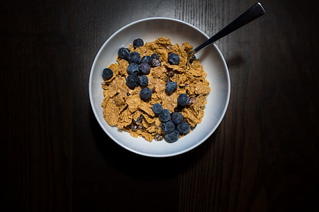 cereal, blue, berry, white, ceramic, bowl, brown