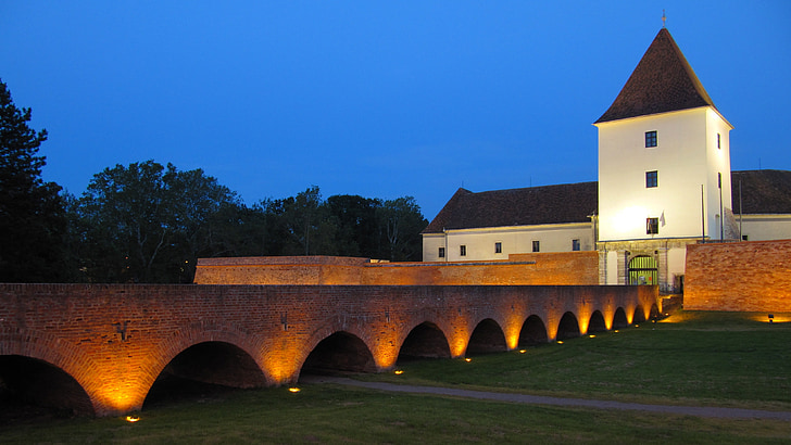 bridge, castle, tower, hungary, sárvár, night, illuminated
