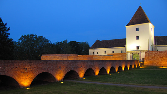 Bridge, lâu đài, tháp, Hungary, Sárvár, đêm, chiếu sáng