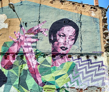 parede, arte de rua, pintado, Olha, indigentes, fotos, imigração