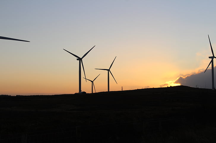 solnedgang, vind, turbin, energi