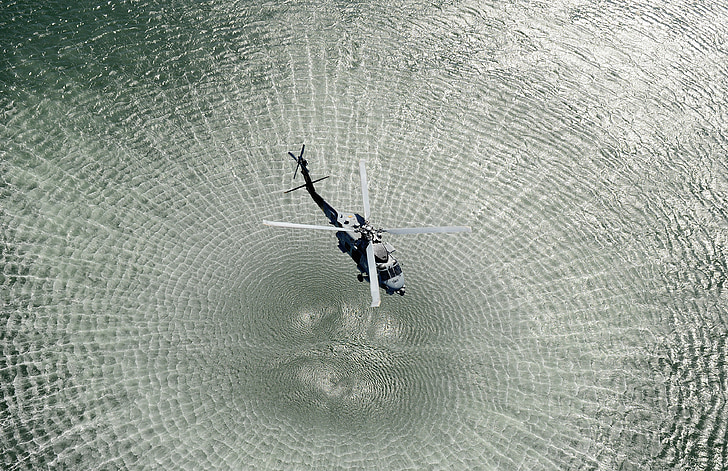 helicopter, open water, chopper, waves, blades, rotors, backwash