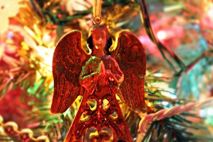 christmas tree, decorations, ornament, close up, angel, holiday, evergreen