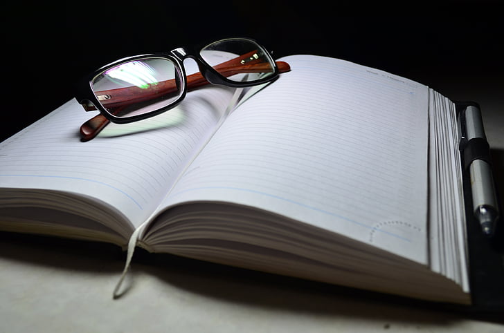 Notebook, gafas, lentes, enfoque, pluma, negociaciones, hombre de negocios