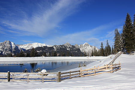 alpine, winter, fence, lake, snow, mountains, austria