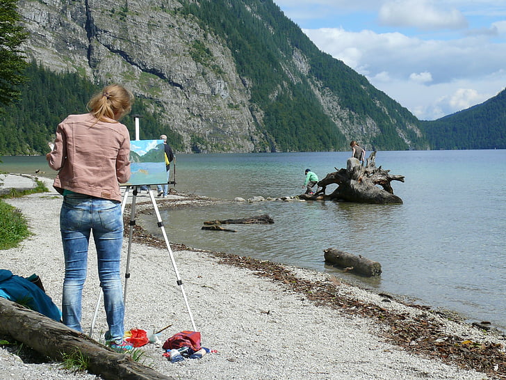 ežeras, dailininkas, dažai, vaizdas, Menas, spalvos, šalies