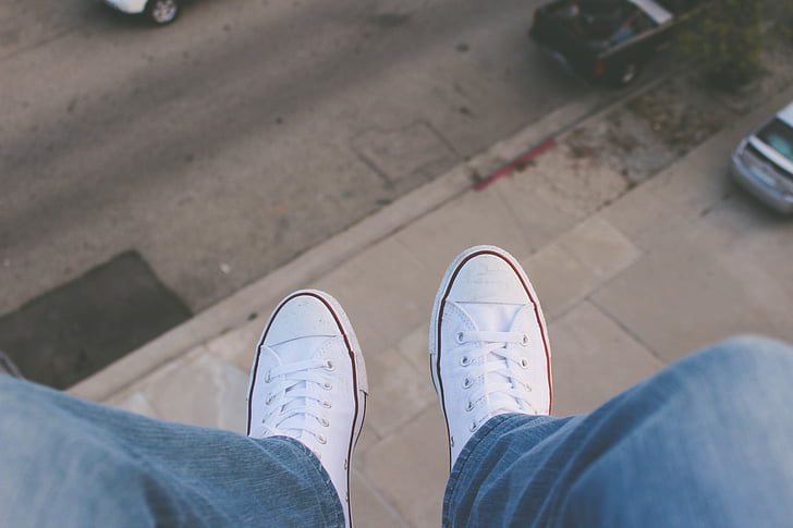 person, white, red, sneaker, shoes, sneakers, jeans