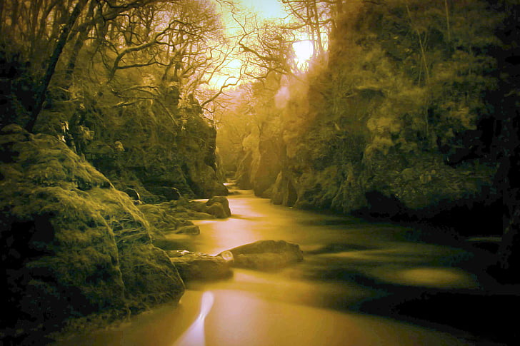fiume, a raggi infrarossi, IR, oro, acqua, paesaggio, roccia