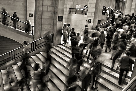 grayscale, photo, people, staircase, crowded, steps, walking