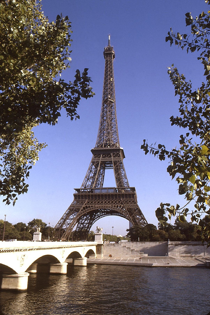 Eiffelova věž, stromy, pobočky, Paříž, Francie, orientační bod, Architektura