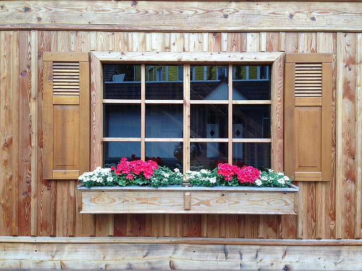 окно, Баварский, фасад, цветок, Allgäu, Деревенская, деревянные жалюзи