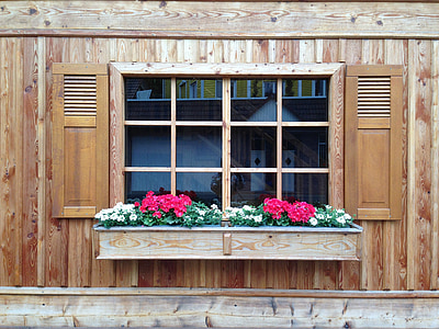 ablak, bajor, homlokzat, virág, Allgäu, rusztikus, fa redőnyök