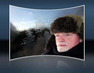 winter, snow, window, glass, head, face, beard