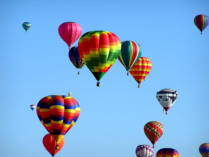 kleurrijke, kleurrijke, hete lucht ballonnen, hemel, zonnige, hete luchtballon, vliegen