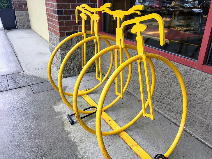 bicicletário, bicicleta, segurança, amarelo, metal, bloqueio, do lado de fora