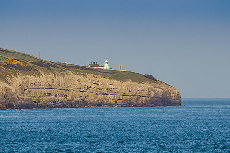 Lighthouse, pobrežie, Ocean, Jurassic coast, Dorset, more, vody