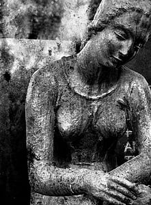 cemetery, black white, image, grief, sculpture, mourning, statue