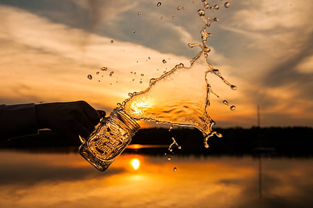glass, jar, water, drink, sunset, silhouette, sky