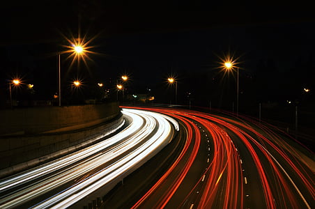 carrer, nit, llums, il·luminació, moviment, velocitat, transport