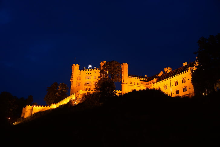 Hohenschwangau, Castillo, noche, Füssen, Baviera, Castillo hohenschwangau, Louis 2