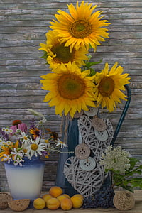still life, sunflower, flowers, apricots, deco, yellow, water jug