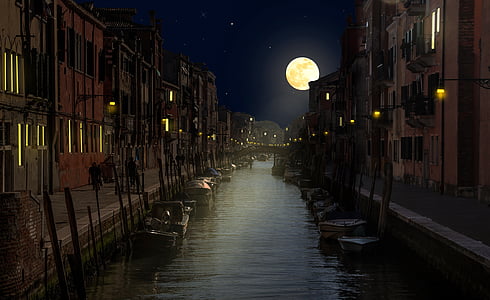 Venecia, noche, canal, vacaciones, romántica, luz, Luna