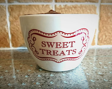 ceramic bowl, sweet treats, treat bowl, small white bowl, red writing