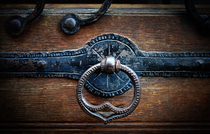 doorknocker, porta, maçaneta da porta, tambor, porta de madeira, Art nouveau, fechamento de porta