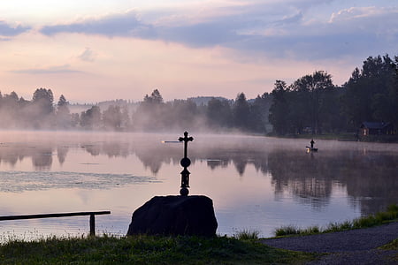 jutro, Bayersoien, Bavaria, jezero, maglovito, magla, raspoloženje