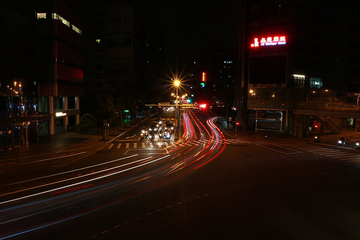 cars, city, dark, downtown, light streaks, lights, long-exposure