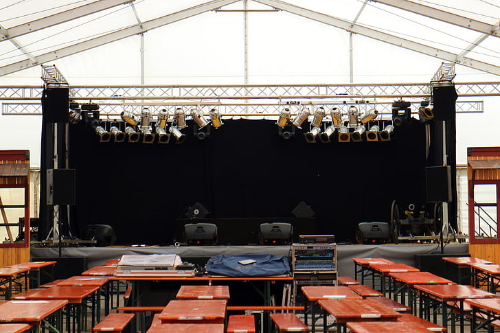 marquee, tent, bierbaenke, stage, spotlight, podium, music stage