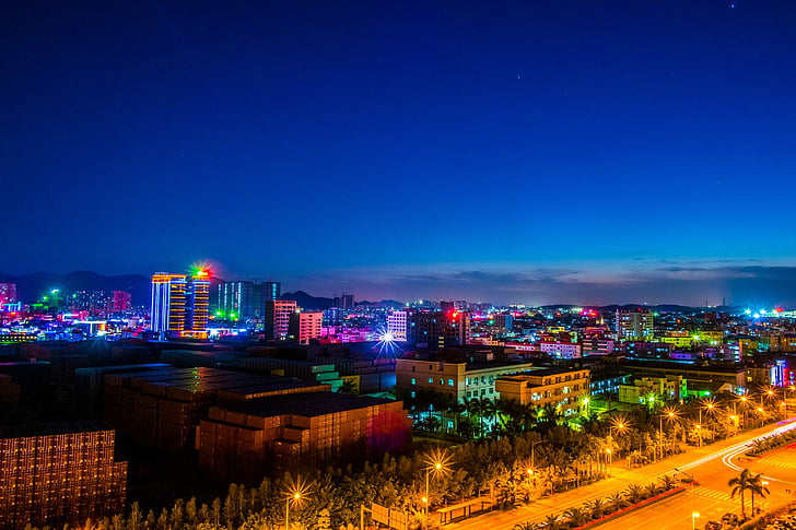 visão noturna, luz, Crepúsculo, luzes, Pingshan, Shenzhen, Guangdong