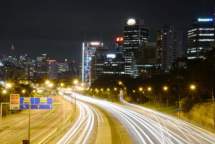 North sydney, Ausztrália, út, Harbour bridge, éjszaka, forgalom, fények