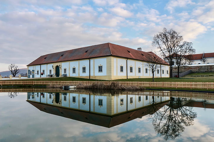 casa histórica, Lago, espejo, estanque, Austria, agua, Scenic