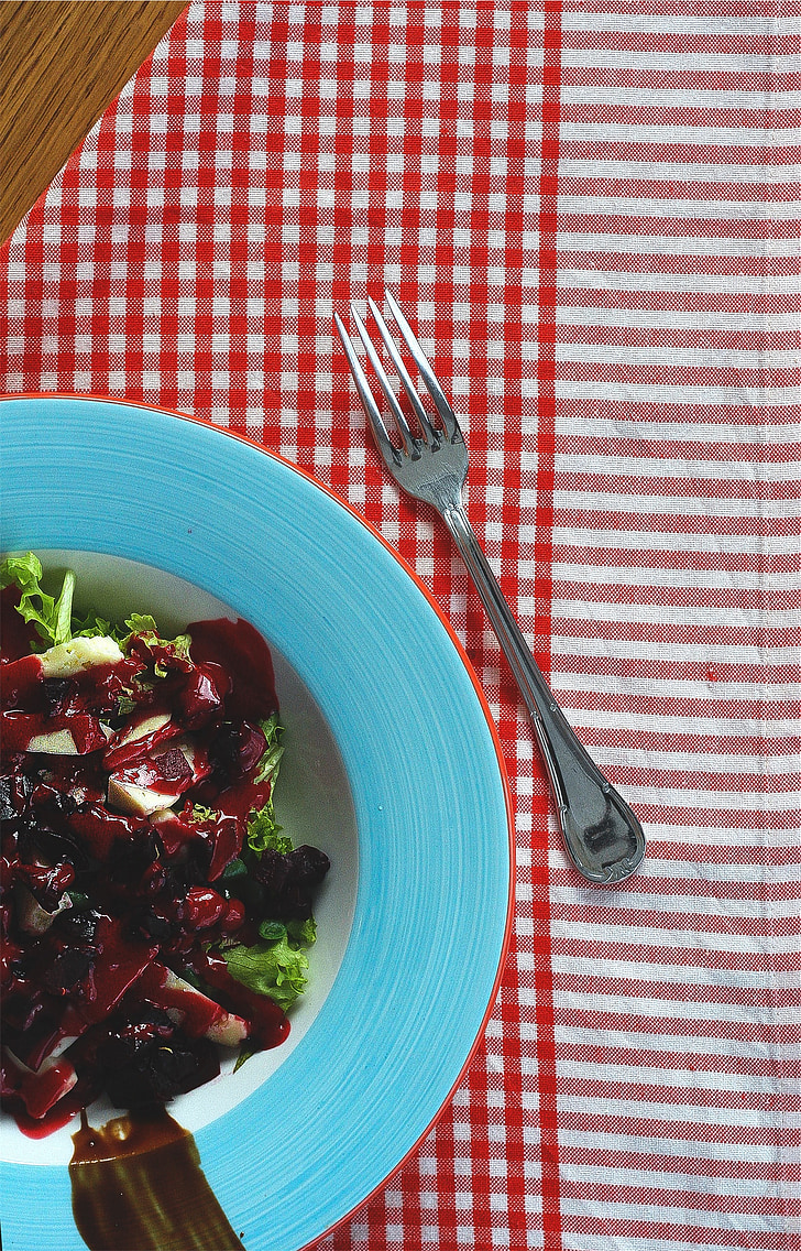 salad, lettuce, food, healthy, table cloth, fork, bowl