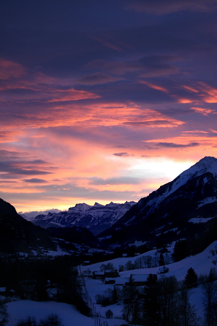 posta de sol, muntanyes, Afterglow, cel de nit, abendstimmung, Oberland bernés, sol