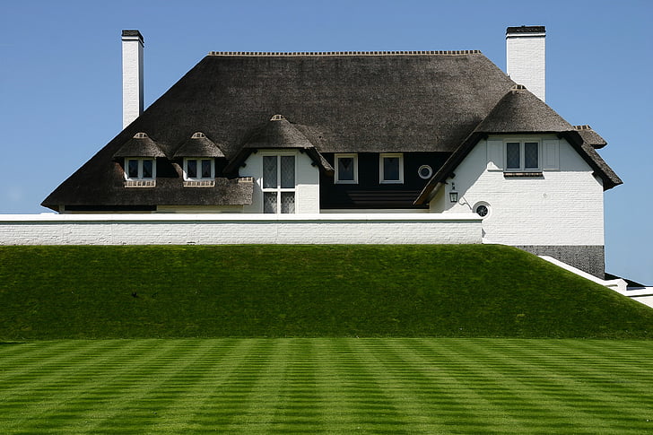 home, thatched roof, green lawn, baltic sea, thatched, roof, reed