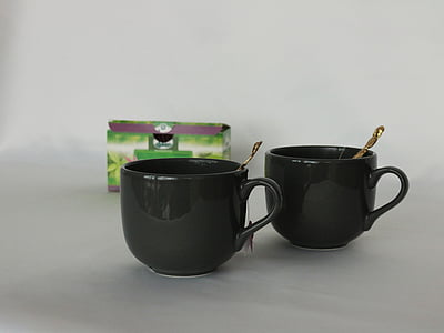 kubki, śniadanie, Puchar, łyżeczka do kawy, zielony, herbata, Zielona herbata