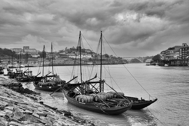 rabelo csónak, Porto, Douro, Portugália, douro folyó, Ribeira, tengeri hajó