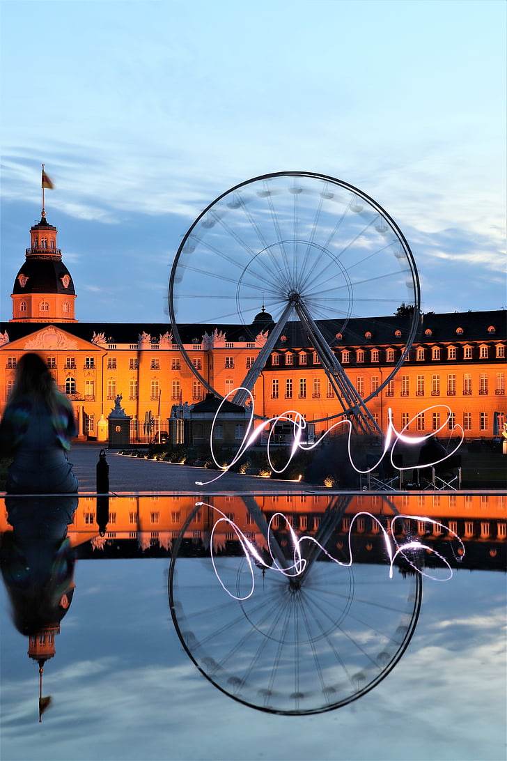 Yêu, Ferris wheel, lâu đài, Karlsruhe, phản ánh, lightpainting, sáng sủa