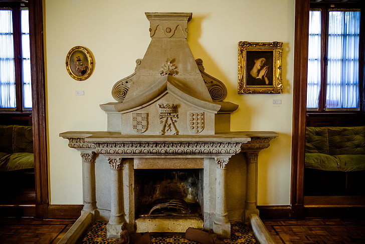 stone fireplace, luggage, palace, vigo, room, home, museum