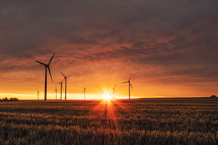 clouds, nature, silhouette, sun, sunrise, sunset, wind turbines