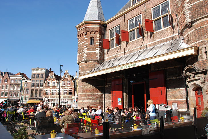 Waag, Amsterdam, arhitektura, Liege, restavracija, terasa, pomlad