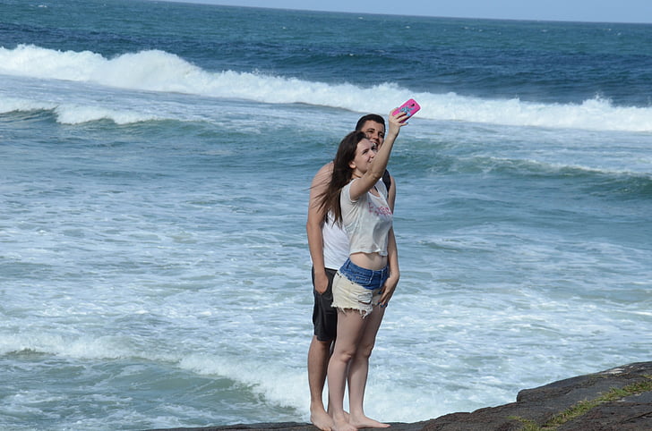 selfie, Casal, stranden, kjærester, litoral, Mar, Sommer
